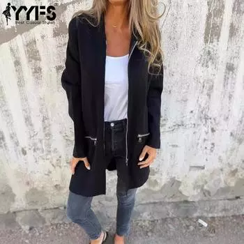 YYFS Женская мода повседневная однотонная принтованная куртка с капюшоном и пальто с длинным рукавом на осень-зиму S чёрный