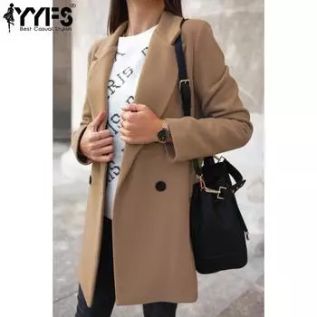 YYFS Женская мода повседневная однотонная принтованная куртка и пальто с длинным рукавом и воротником-поло на осень-зиму S хаки