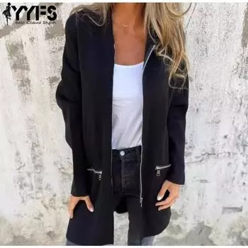 YYFS Женская мода повседневная однотонная принтованная куртка с капюшоном и пальто с длинным рукавом на осень-зиму S чёрный