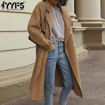 YYFS Женская мода повседневная однотонная принтованная куртка и пальто с длинным рукавом и воротником-поло на осень-зиму S жёлтый