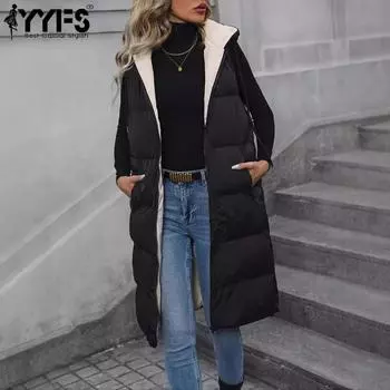YYFS Женская мода Повседневная однотонная принтованная куртка без рукавов с капюшоном и пальто на осень-зиму S
