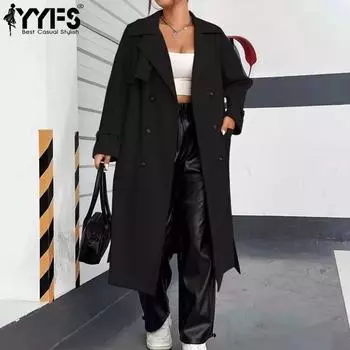 YYFS Женская мода повседневная однотонная принтованная куртка и пальто с длинным рукавом и воротником-поло на осень-зиму XL чёрный