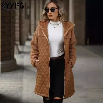 YYFS Женская мода повседневная однотонная принтованная куртка с капюшоном и пальто с длинным рукавом на осень-зиму S верблюд