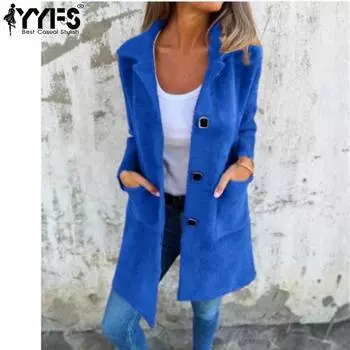 YYFS Женская мода повседневная однотонная принтованная куртка и пальто с длинным рукавом и воротником-поло на осень-зиму S синий