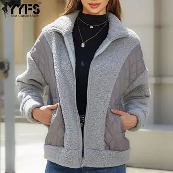 YYFS Женская мода повседневная однотонная принтованная куртка и пальто с длинным рукавом и воротником-поло на осень-зиму S серебряный серый