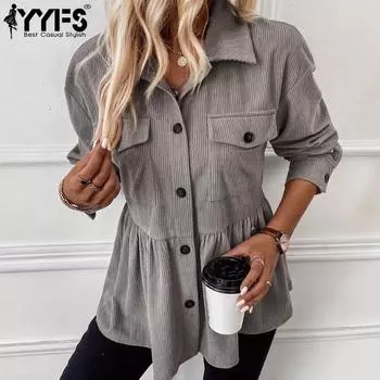 YYFS Женская мода повседневная однотонная принтованная куртка и пальто с длинным рукавом и воротником-поло на осень-зиму S серый