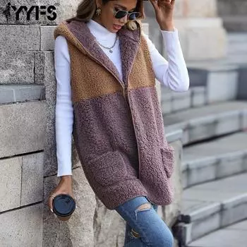 YYFS Женская мода Повседневная однотонная принтованная куртка без рукавов с капюшоном и пальто на осень-зиму S