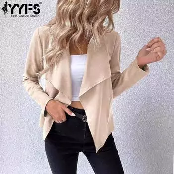 YYFS Женская мода повседневная однотонная принтованная куртка и пальто с длинным рукавом и воротником-поло на осень-зиму S абрикосовый