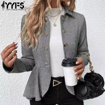 YYFS Женская мода повседневная однотонная принтованная куртка и пальто с длинным рукавом и воротником-поло на осень-зиму S серый