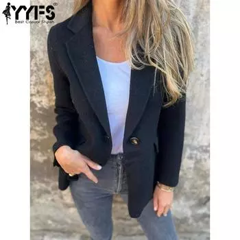 YYFS Женская мода повседневная однотонная принтованная куртка и пальто с длинным рукавом и воротником-поло на осень-зиму S чёрный