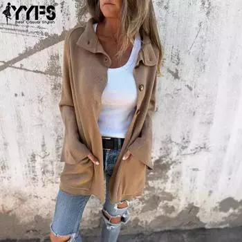 YYFS Женская мода повседневная однотонная принтованная куртка и пальто с длинным рукавом и воротником-поло на осень-зиму S хаки