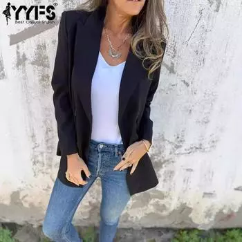 YYFS Женская мода повседневная однотонная принтованная куртка и пальто с длинным рукавом и воротником-поло на осень-зиму S чёрный