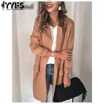 YYFS Женская мода повседневная однотонная принтованная куртка и пальто с длинным рукавом и воротником-поло на осень-зиму S хаки