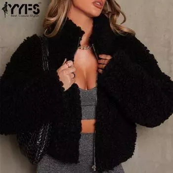 YYFS Женская мода Повседневная однотонная принтованная куртка и пальто с длинным рукавом и воротником-стойкой на осень-зиму S чёрный