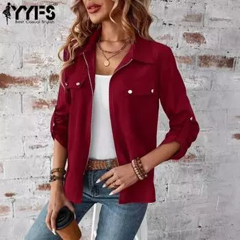 YYFS Женская мода повседневная однотонная принтованная куртка и пальто с длинным рукавом и воротником-поло на осень-зиму S бордовый