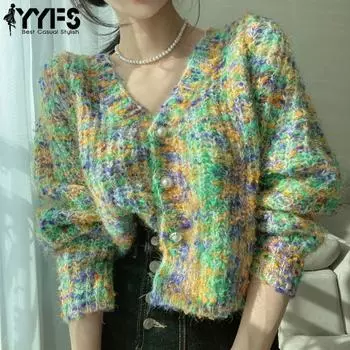 YYFS Женская мода повседневная осень-зима цветные блоки с принтом длинный рукав V-образный вырез свитера One Size синий