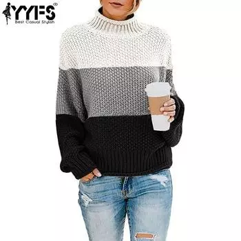 YYFS Женская мода повседневная осень-зима цветные блоки с принтом длинный рукав высокий ворот свитера S