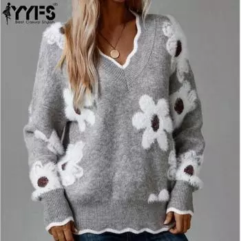 YYFS Женская мода повседневная осень-зима цветочный узор с принтом длинный рукав V-образный вырез свитера S серый