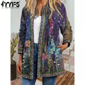 YYFS Женская мода Повседневная осень-зима Цветочный узор Принт Длинные рукава Блузки и рубашки S