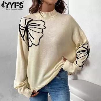 YYFS Женская мода повседневная осень-зима цветочный узор с длинным рукавом и полуводолазкой S абрикосовый