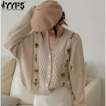 YYFS Женская мода повседневная осень-зима цветочный узор с принтом длинный рукав V-образный вырез свитера Size: One Size