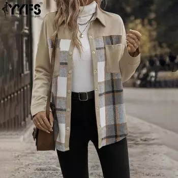 YYFS Женская мода Повседневная осень-зима Клетчатый принт с длинным рукавом и воротником-поло Пальто(Женский) S хаки