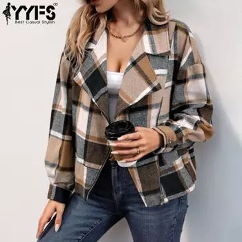 YYFS Женская мода Повседневная Осень Зима Клетчатый Принт Длинный Рукав Поло Воротник Куртки и Пальто S хаки