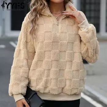 YYFS Женская мода повседневная осень-зима клетчатый принт длинный рукав поло воротник свитера S абрикосовый