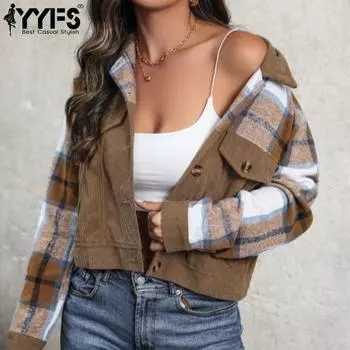 YYFS Женская мода Повседневная Осень Зима Клетчатый Принт Длинные Рукава POLO-Neck Куртки и Пальто S хаки