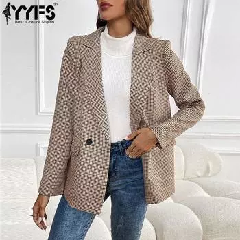 YYFS Женская мода повседневная осень-зима клетчатый принт с длинным рукавом и воротником-поло пальто(Женский) S хаки