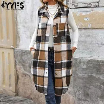 YYFS Женская мода повседневная осень-зима клетчатый принт без рукавов поло воротник пальто(Женский) S хаки