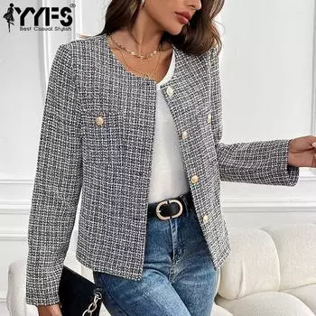 YYFS Женская мода повседневная осень-зима клетчатый принт с длинным рукавом и круглым вырезом пальто(Женский) S чёрный