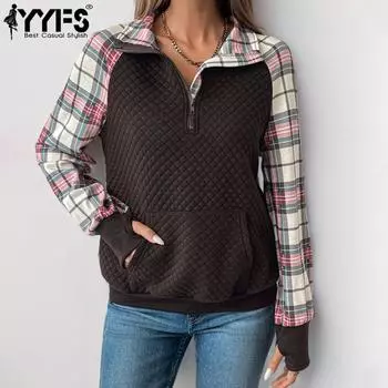 YYFS Женская мода повседневная осень-зима клетчатый принт с длинным рукавом поло-воротник пуловеры и длинные рукава S коричневый