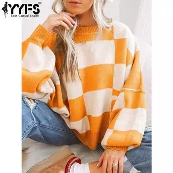 YYFS Женская мода повседневная осень-зима клетчатый принт с длинным рукавом и круглым вырезом свитера S оранжевый