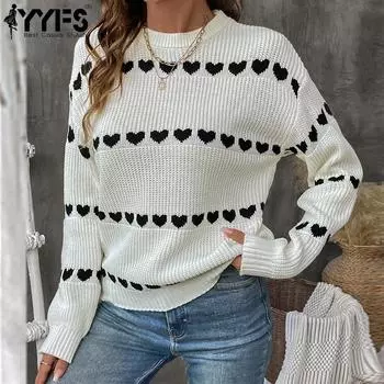 YYFS Женская мода повседневная осень-зима LOVE Print Длинные рукава O Neck свитера S белый