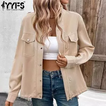 YYFS Женская мода повседневная осень-зима однотонная принт с длинным рукавом и воротником-стойкой куртки пальто(Женский) S хаки