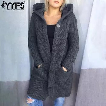 YYFS Женская мода повседневная осень-зима однотонная с принтом с длинным рукавом и капюшоном женская одежда шерстяной трикотаж свитера пальто S хаки