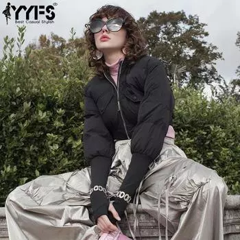 YYFS Женская мода повседневная осень-зима однотонные принты с длинным рукавом куртки и пальто пуховики S чёрный