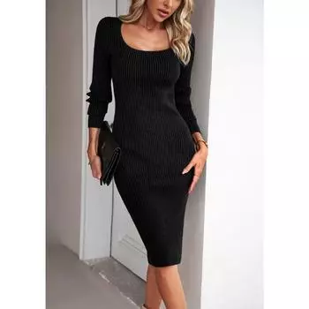 YYFS Женская мода повседневная осень-зима однотонный принт длинный рукав квадратный воротник свитера S чёрный