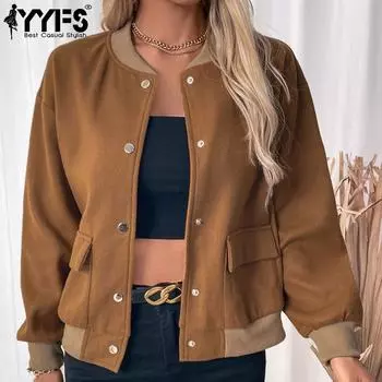 YYFS Женская мода Повседневная Осень Зима Однотонный Принт Длинный Рукав Пальто Стоячий Воротник(Женский) S