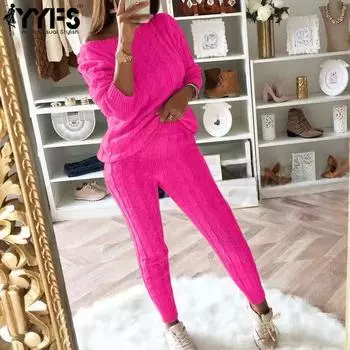 YYFS Женская мода Повседневная Осень Зима Однотонный Принт Длинный Рукав О-Образный Вырез Топы Женская Одежда Шерстяной Трикотаж Свитера и Брюки Костюмы S хаки