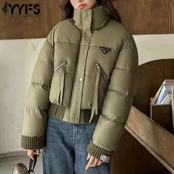 YYFS Женская мода Повседневная Осень Зима Однотонный Принт Длинный Рукав Пальто Стоячий Воротник M чёрный