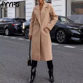 YYFS Женская мода повседневная осень-зима однотонный принт длинный рукав воротник поло пальто женские S белый