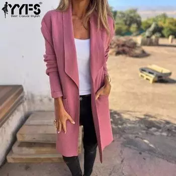 YYFS Женская мода Повседневная осень-зима Однотонный принт Длинные рукава Поло воротник пальто S чёрный