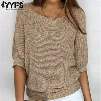 YYFS Женская мода Повседневная Осень Зима Однотонный Принт Топы с Рукавом 3/4 О-Образным Вырезом Женская Одежда Шерстяной Трикотаж Свитера S жёлтый