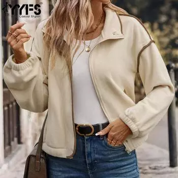 YYFS Женская мода Повседневная Осень Зима Однотонный Принт Длинный Рукав Воротник ПОЛО Куртки Пальто(Женский) S абрикосовый