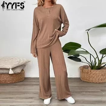 YYFS Женская мода повседневная осень-зима однотонный принт длинный рукав O-образный вырез свитера брюки костюмы S