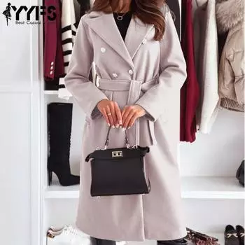 YYFS Женская мода Повседневная Осень Зима Однотонный Принт Длинный Рукав Поло Воротник Женская Одежда Шерстяные Пальто Женские S чёрный