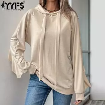 YYFS Женская мода повседневная осень-зима однотонный принт длинный рукав с капюшоном пуловеры и длинные рукава S абрикосовый