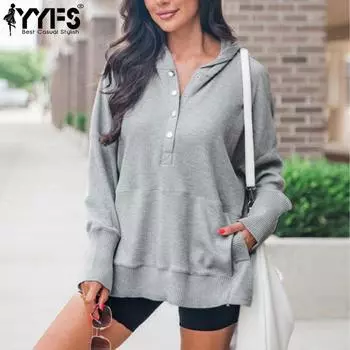 YYFS Женская мода Повседневная Осень Зима Однотонный Принт Длинный Рукав V-образный Вырез Пуловеры и Длинные Рукава S светло-серый